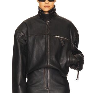 The leather oversized motto jacket in Black distressed